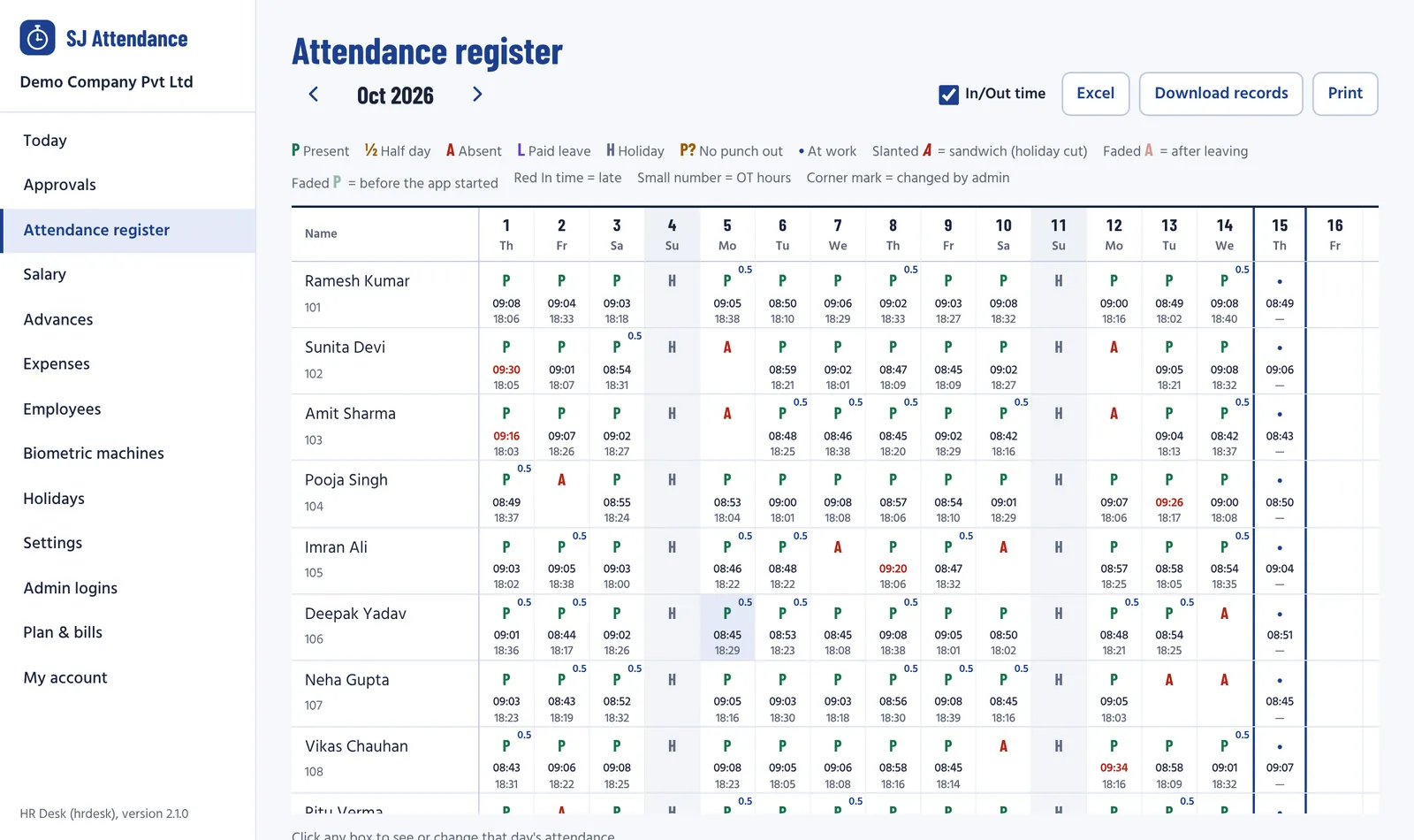 SJ Attendance admin panel: the October attendance register, with P for present, A for absent and H for holiday, and the In and Out time under every day.
